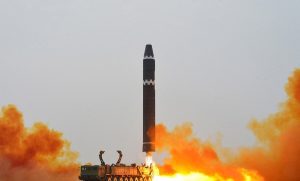 A Hwasong-15 intercontinental ballistic missile (ICBM) is launched at Pyongyang International Airport