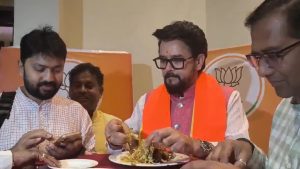 'Fishy Politics': Anurag Thakur Eats 'Maach Bhaat' During Bengal Campaign; TMC, AAP Hit Out