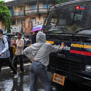Woman blocks police van in India protest