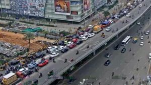 Traffic bottleneck outside Sarath City Capital Mall leaves motorists stranded for hours on Gachibowli–Miyapur corridor; underpass, skywalk pitched